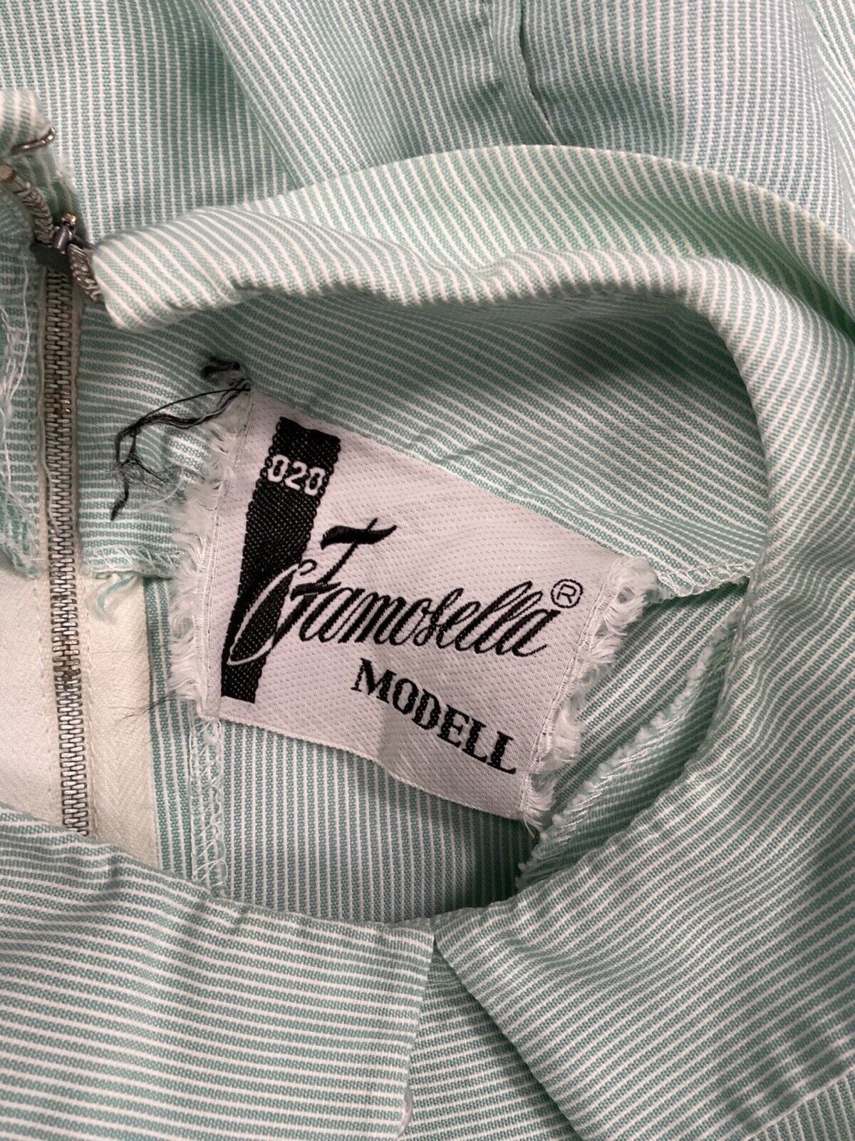 VINTAGE 60s 70s MINT GREEN WHITE PIN-STRIPE PETER PAN SLEEVELESS DRESS 12