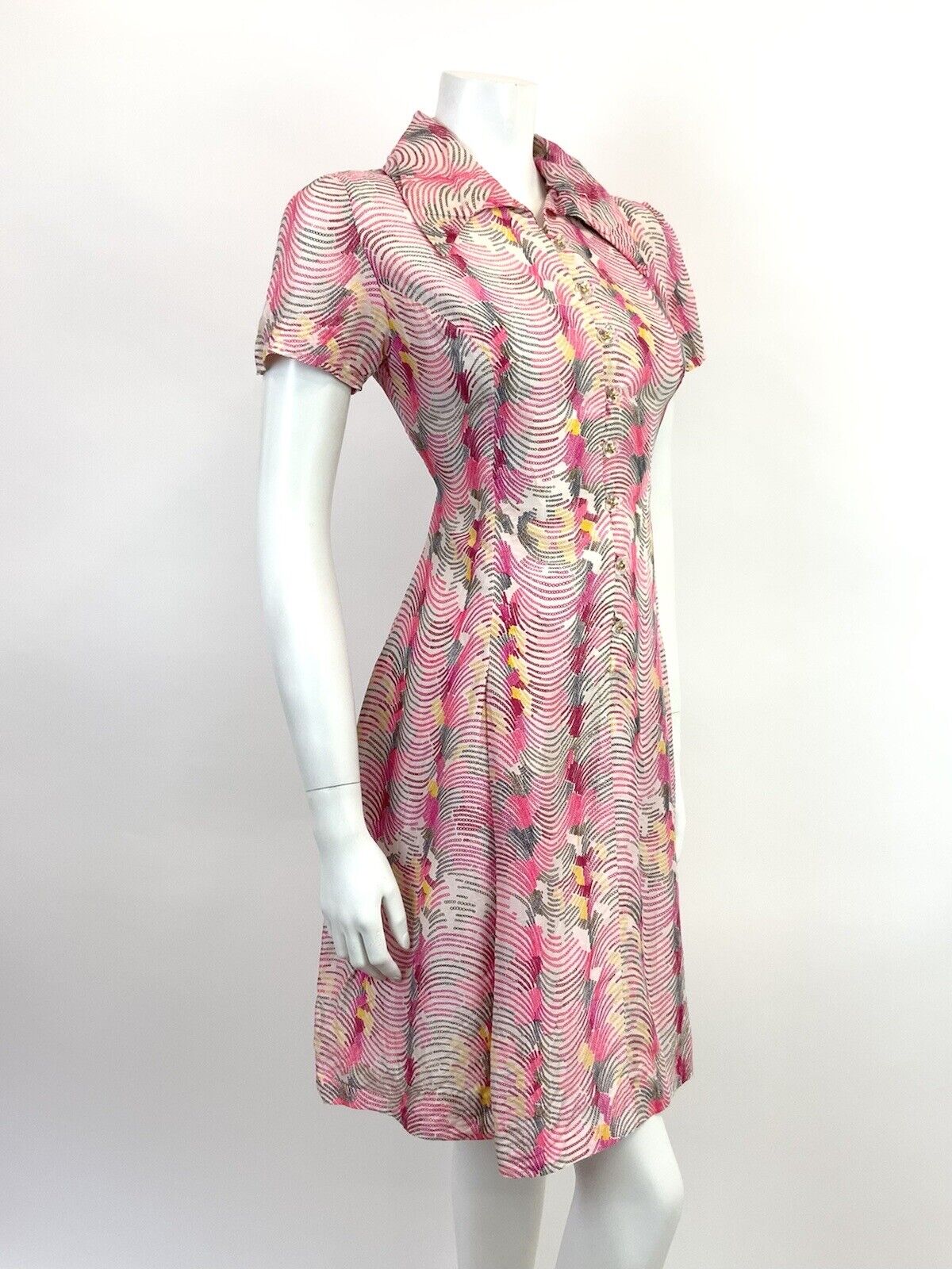 VTG 60s 70s PINK YELLOW WHITE WAVY PSYCHEDELIC WING COLLAR MOD SHIRT DRESS 10 12
