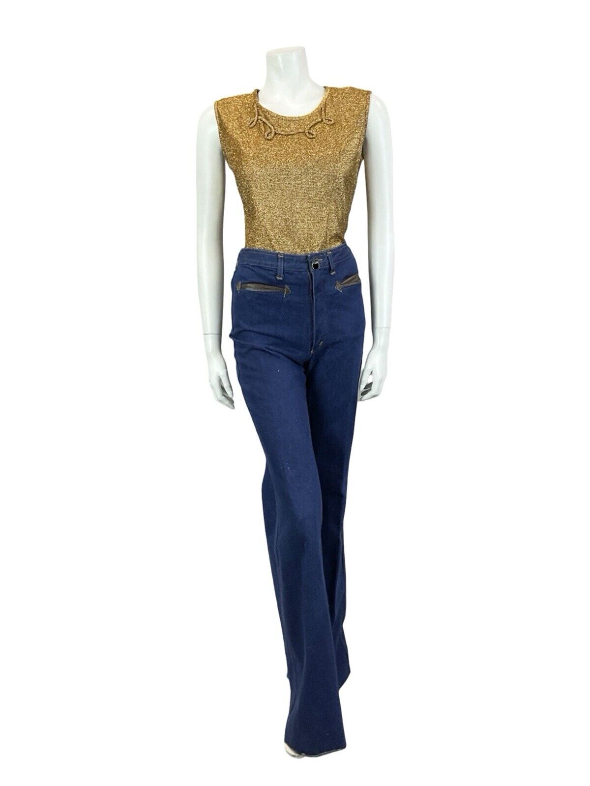 VTG 60S GOLD LUREX SWIRL PIPING ROUNDED NECK SLEEVELESS FITTED PARTY TOP 10