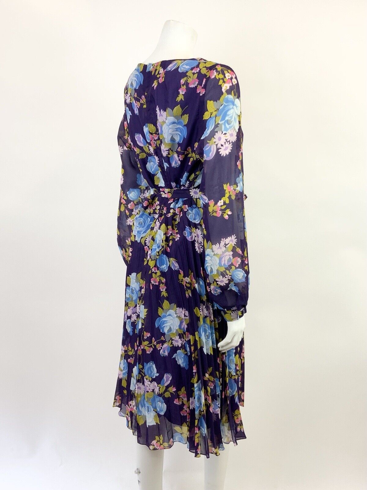VINTAGE 60s 70s PURPLE BLUE PINK FLORAL ROSE PLEATED BOHO FOLK SHEER DRESS 12 14