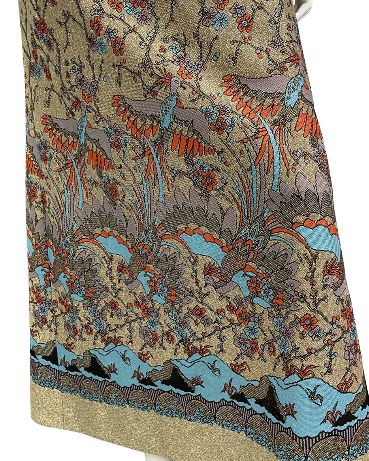 VINTAGE 60s 70s GOLD SPARKLY FLORAL BIRD PRINT DISCO BOHO FOLK MAXI DRESS 10 12