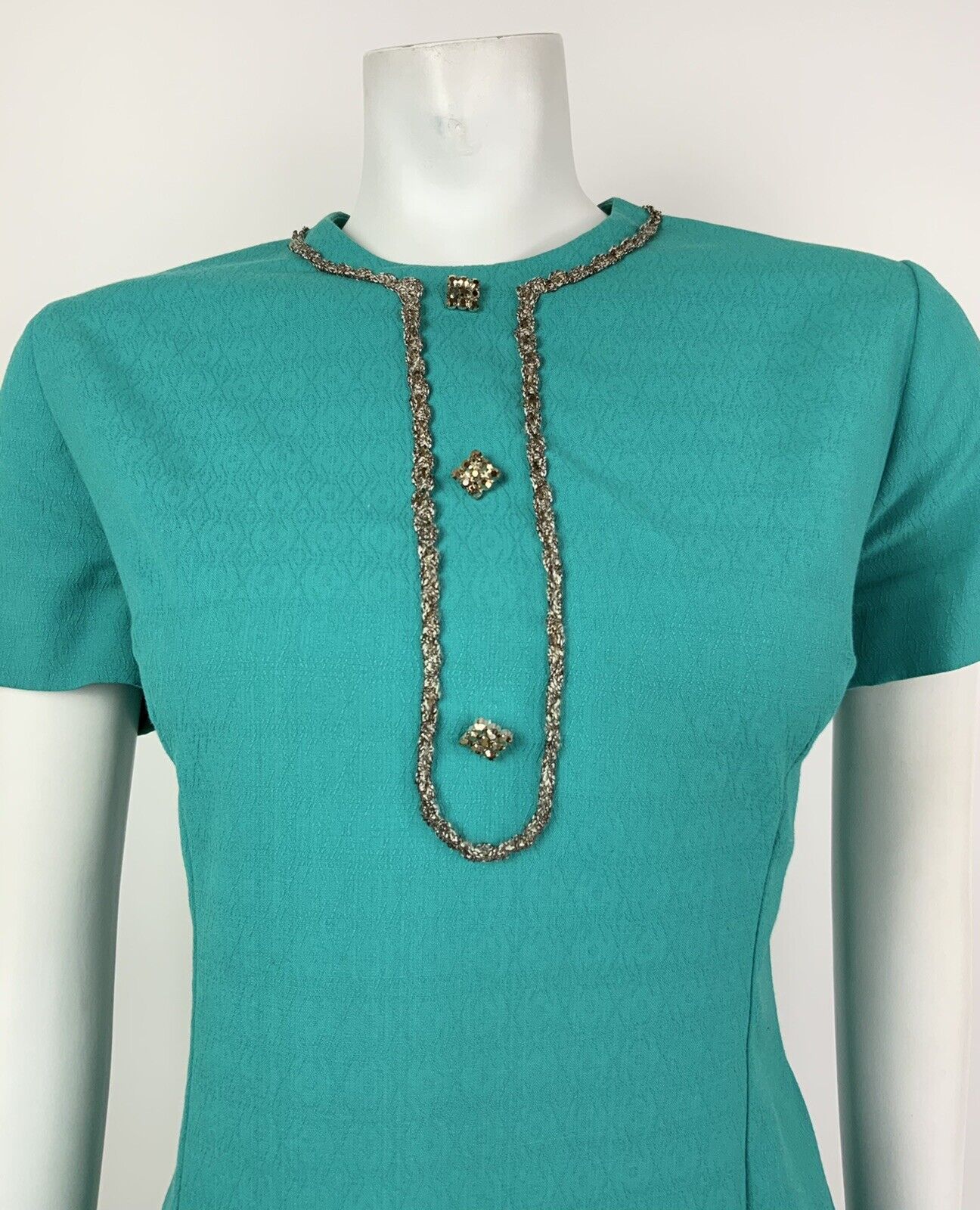 VTG 60s 70s GREEN TEAL BRONZE SILVER DIAMANTE BIRDS-EYE MOD DRESS 14 16