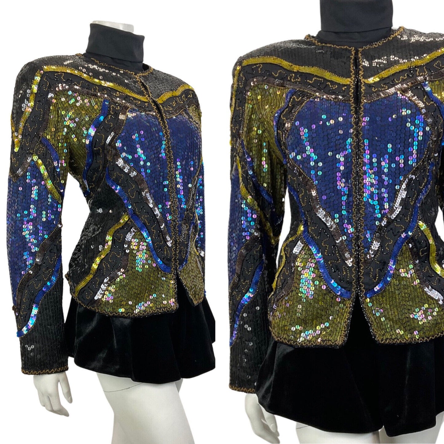VINTAGE 70s 80s BLACK BLUE GOLD GEOMETRIC WAVY DISCO GLAM TROPHY JACKET 14 16