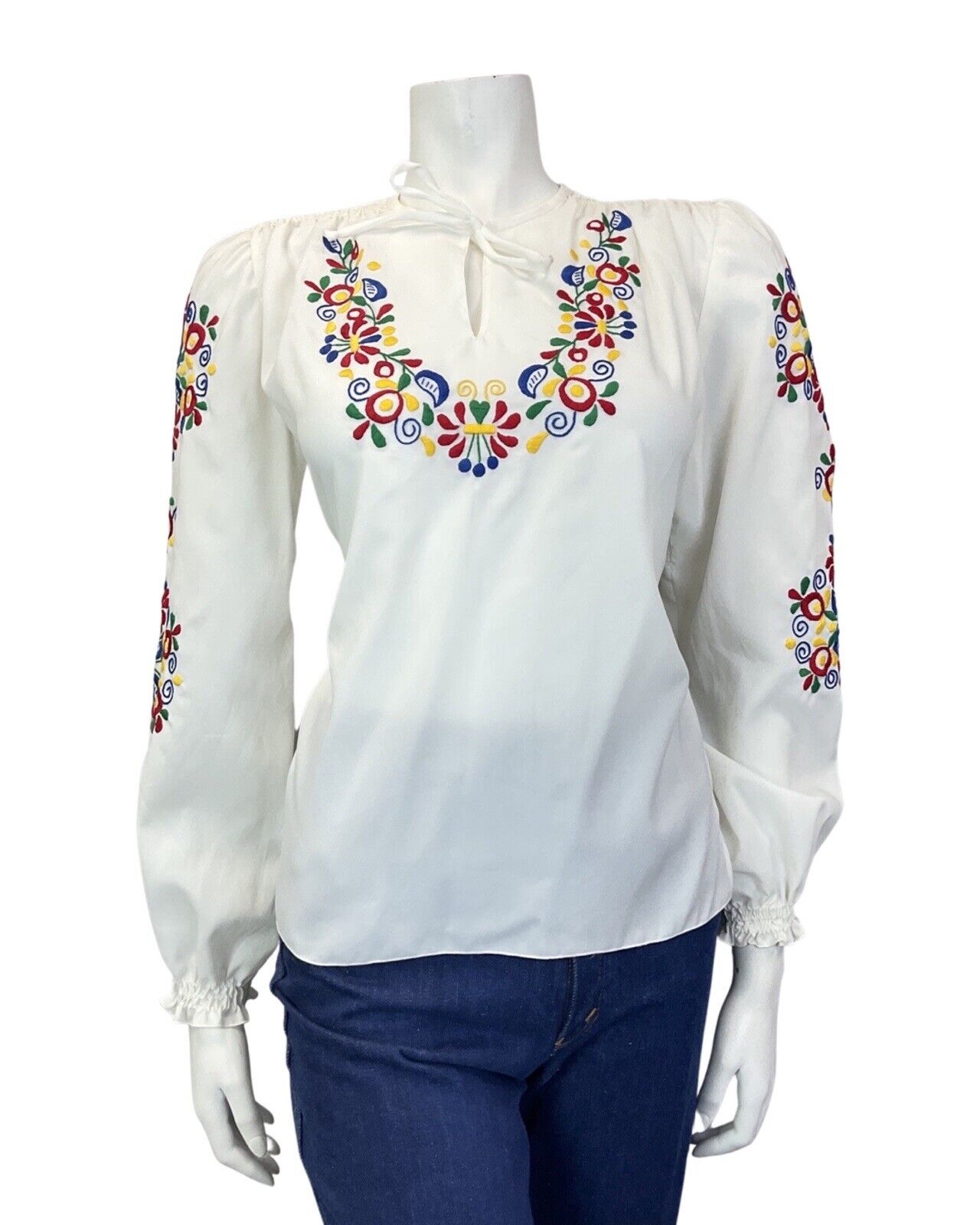 VINTAGE 60s 70s WHITE RED GREEN YELLOW FLORAL EMBROIDERED BOHO FOLK BLOUSE 12