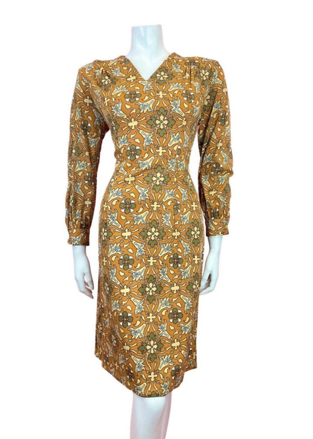 VINTAGE 60s 70s ORANGE BROWN BEIGE FLORAL PIXEL GEOMETRIC MOD DRESS 14 16
