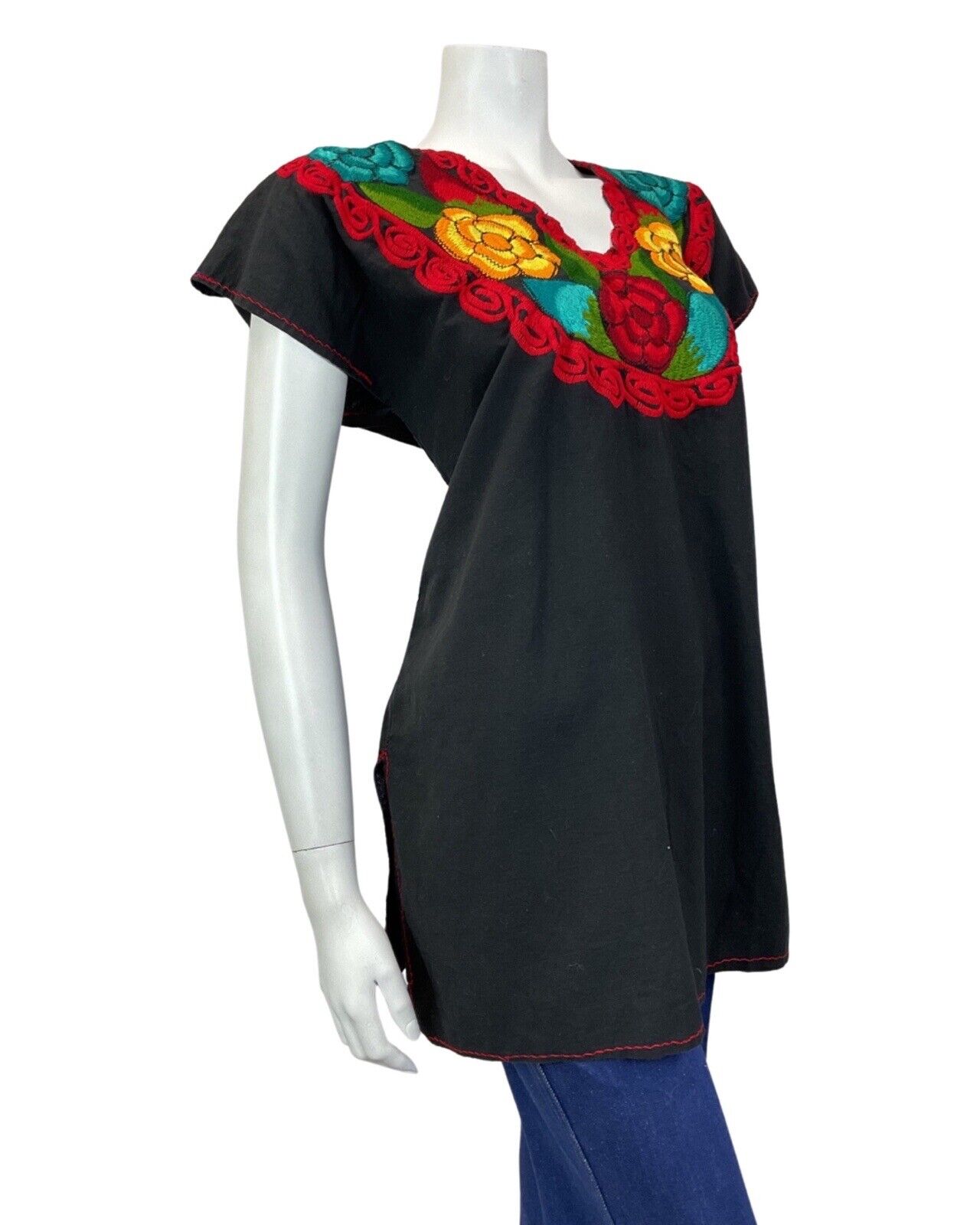 VINTAGE 60s 70s BLACK RED YELLOW FLORAL EMBROIDERED BOHO FOLK BLOUSE 16 18