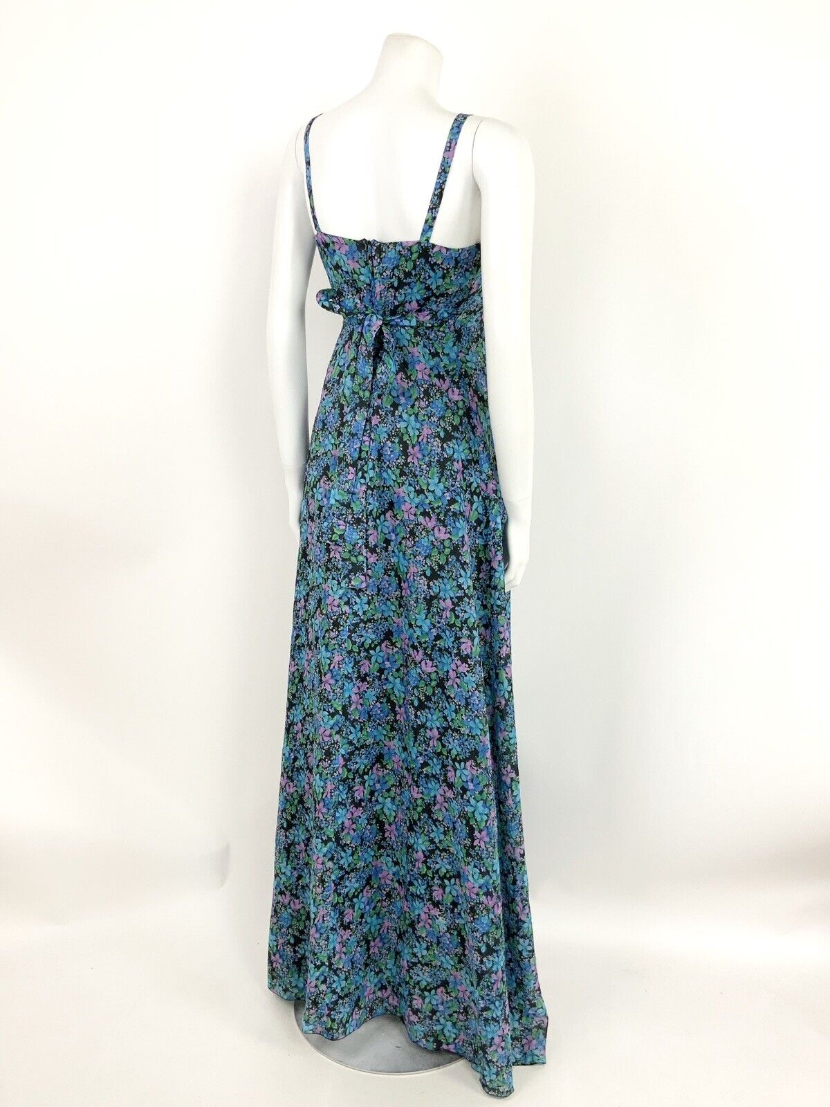 VINTAGE 60s 70s BLUE PINK BLACK GREEN DITSY FLORAL SHEER MAXI DRESS 6
