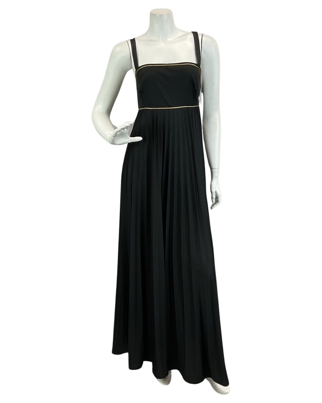 VINTAGE 60s 70s BLACK GOLD CROSS BACK PLEATED DISCO BOHO FOLK MAXI DRESS 10 12