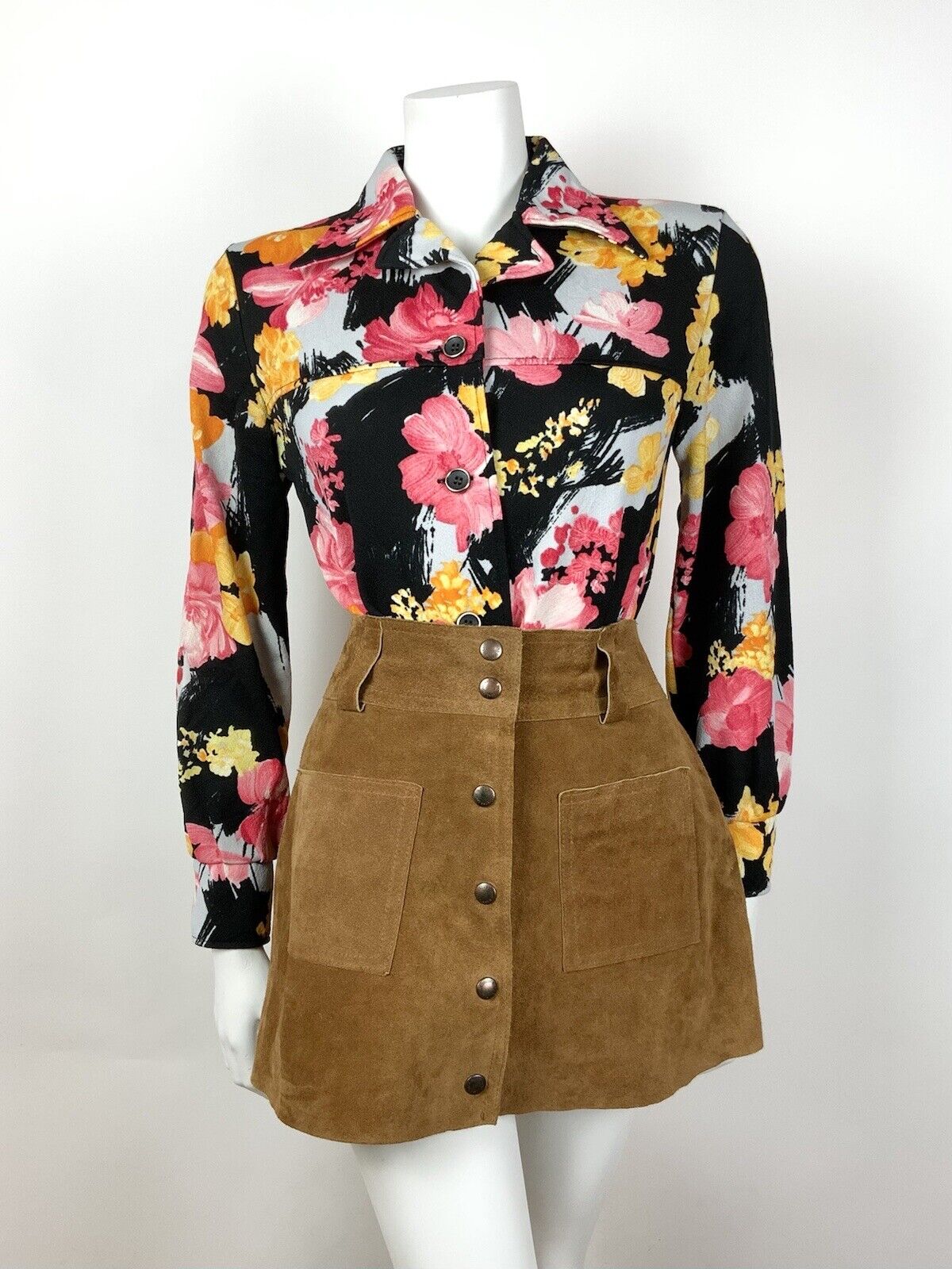VINTAGE 60s 70s BLACK PINK ORANGE GREY FLORAL DAGGER COLLAR SHIRT BLOUSE 12 14