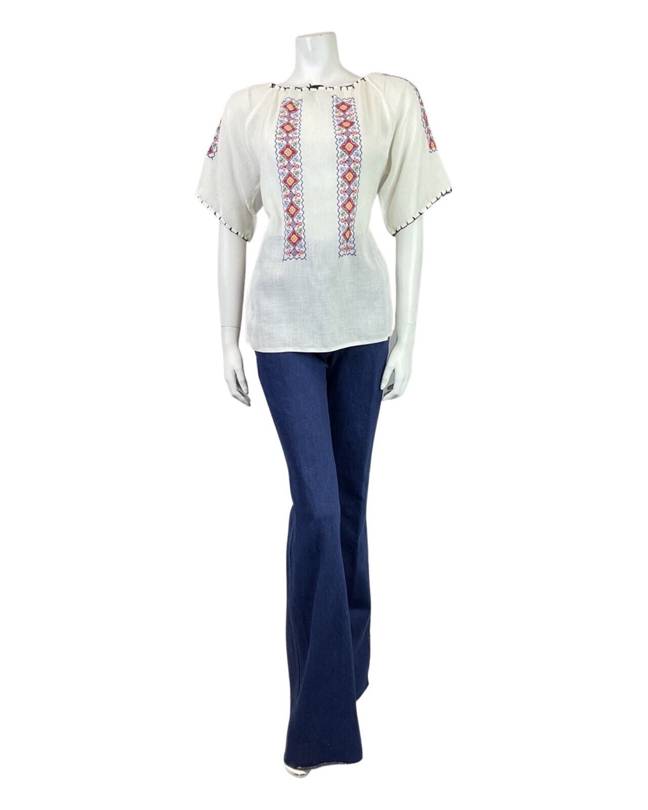 VINTAGE 60s 70s WHITE BLUE RED CROSS-STITCH EMBROIDERED BOHO FOLK BLOUSE 12 14