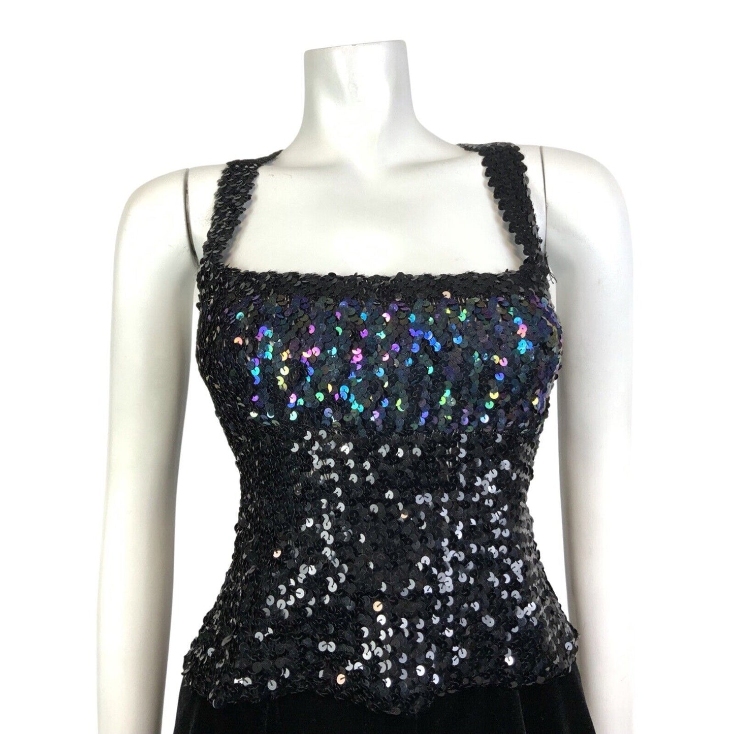 VINTAGE 70s 80s BLACK IRIDESCENT SEQUIN DISCO PARTY STRAPPY CROPPED TOP 14 16