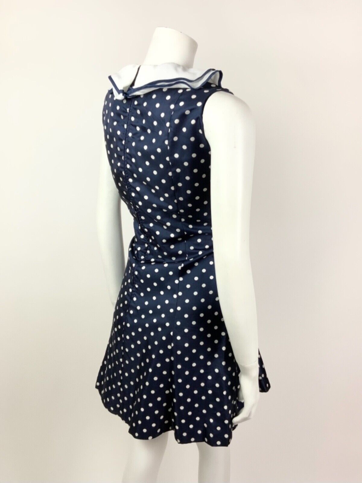 VINTAGE 60s 70s NAVY BLUE WHITE POLKA-DOT RUFFLED SLEEVELESS MOD DRESS 10 12