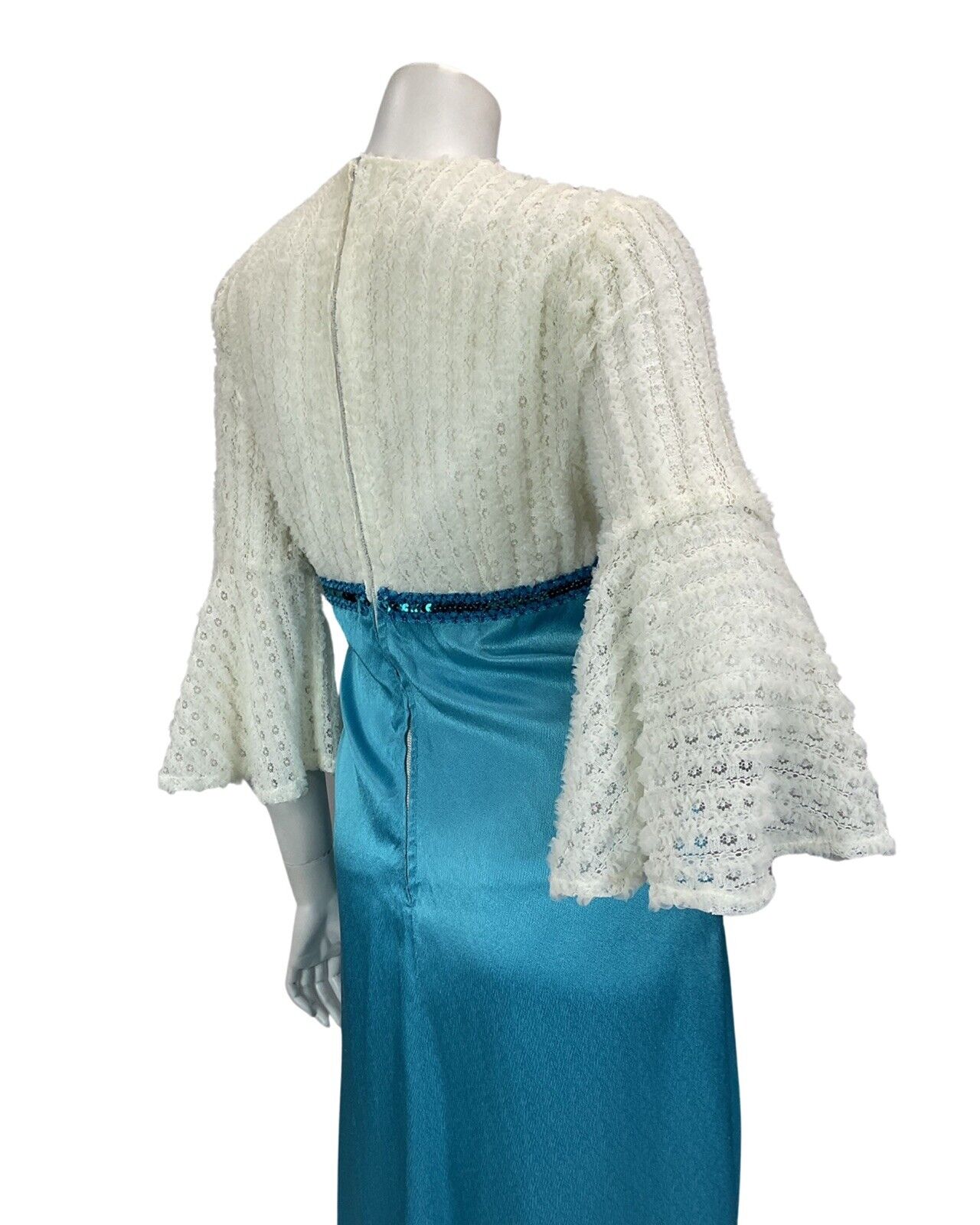 VTG 60s 70s WHITE BLUE SEQUIN SATIN BELL SLEEVE MAXI DRESS 10 12