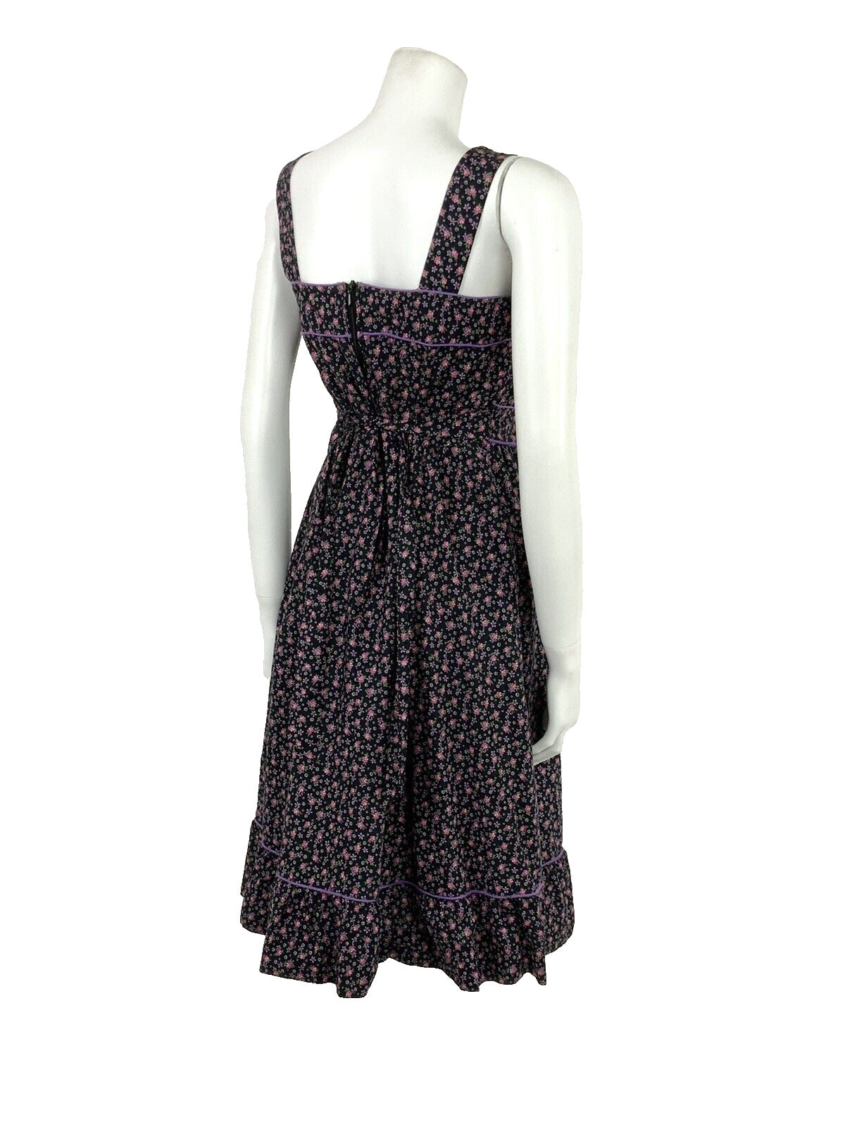 VTG 60s 70s BLACK PINK PURPLE WHITE GREEN FLORAL DITSY FOLK PRAIRIE DRESS 8 10