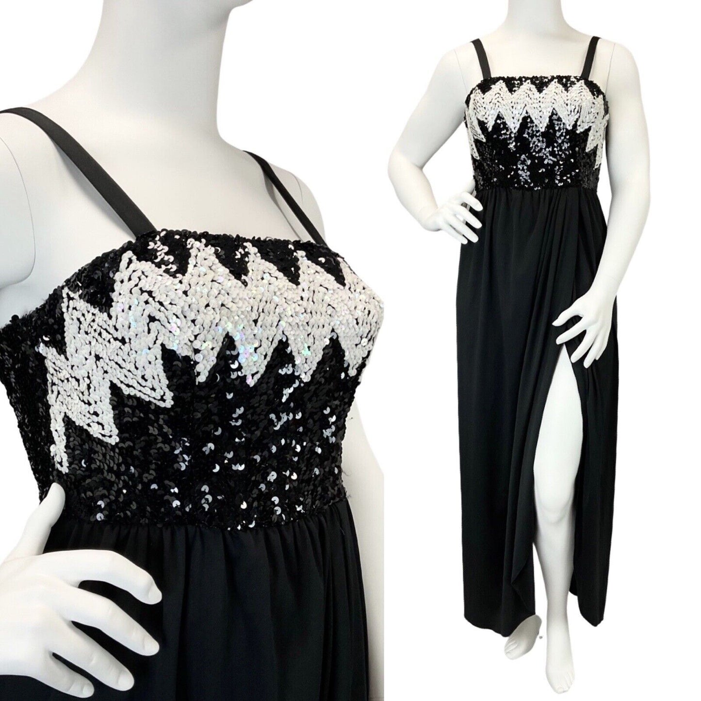 VINTAGE 60s 70s BLACK WHITE SEQUIN ZIG-ZAG STRAPPY DISCO STUDIO 54 MAXI DRESS 16