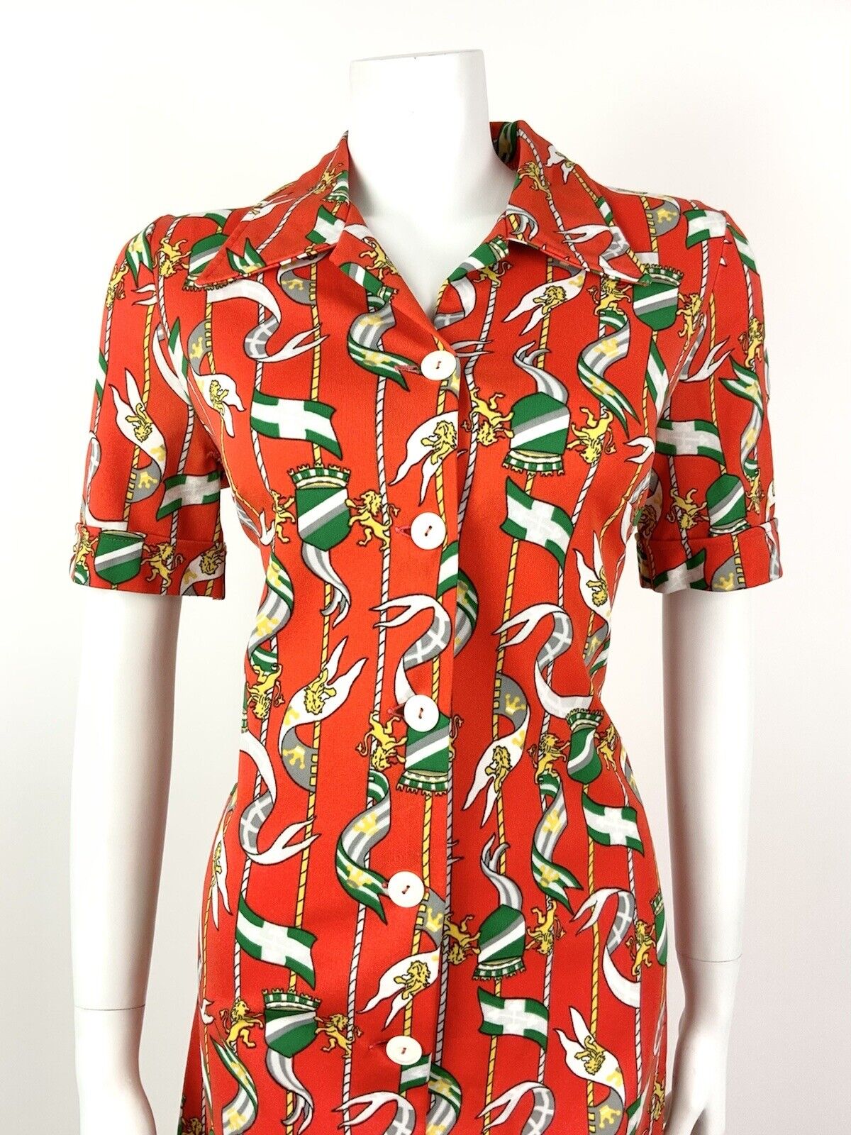 VTG 60s 70s RED ORANGE GREEN GREY FLAG LION CREST MOD DAGGER SHIRT DRESS 12 14
