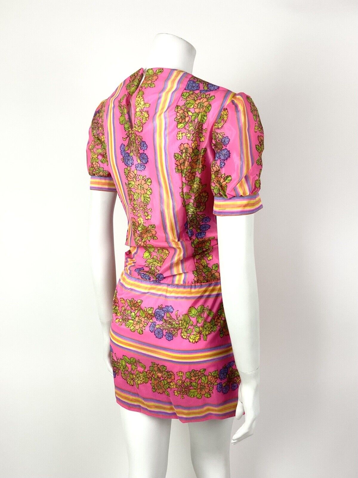 VTG 60s 70s NEON PINK YELLOW PURPLE STRIPED FLORAL MOD DROP WAIST DRESS 10 12