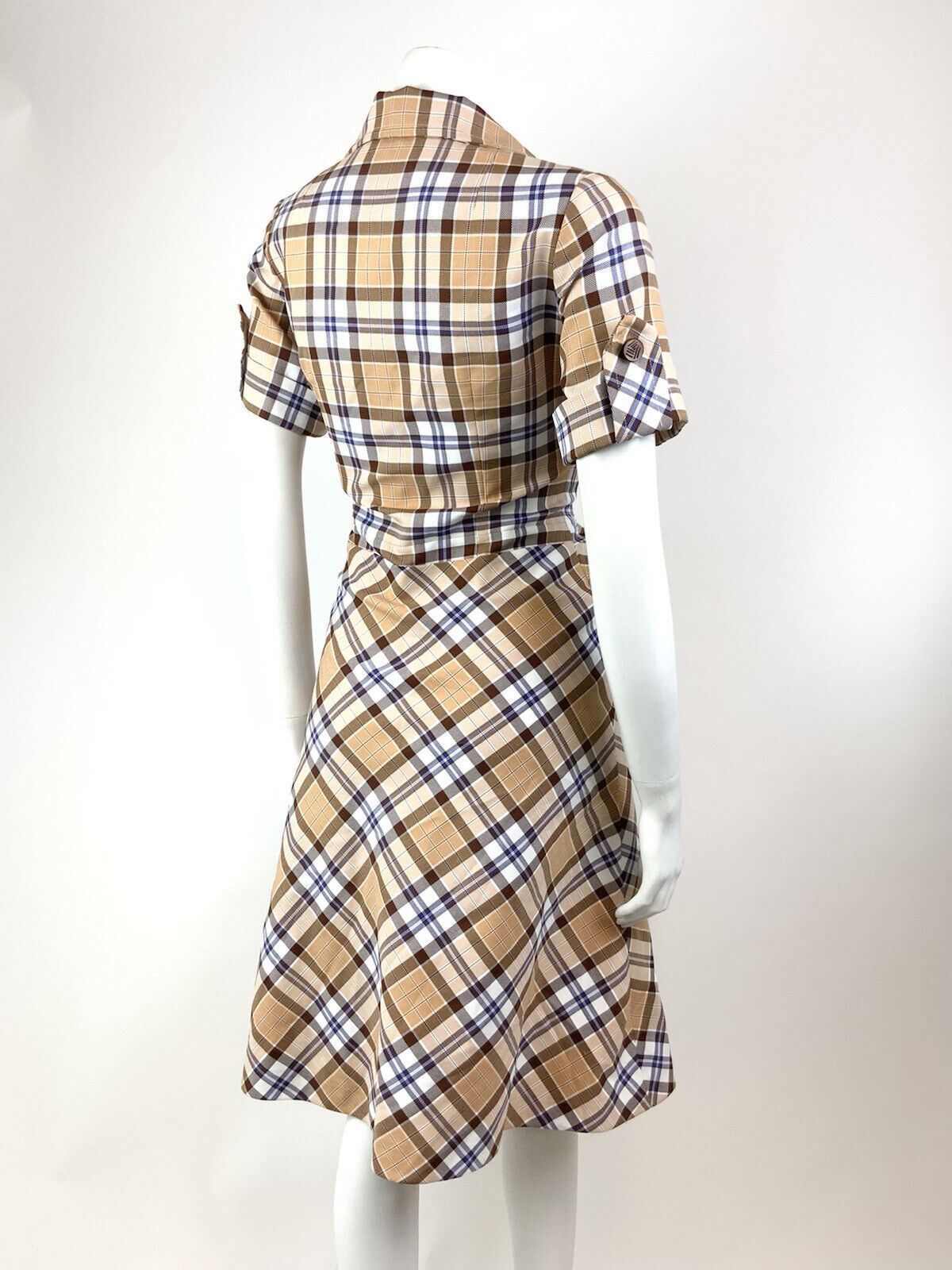 VINTAGE 60s 70s BROWN CREAM WHITE TARTAN PLAID CHECKED MOD SHIRT DRESS 10 12