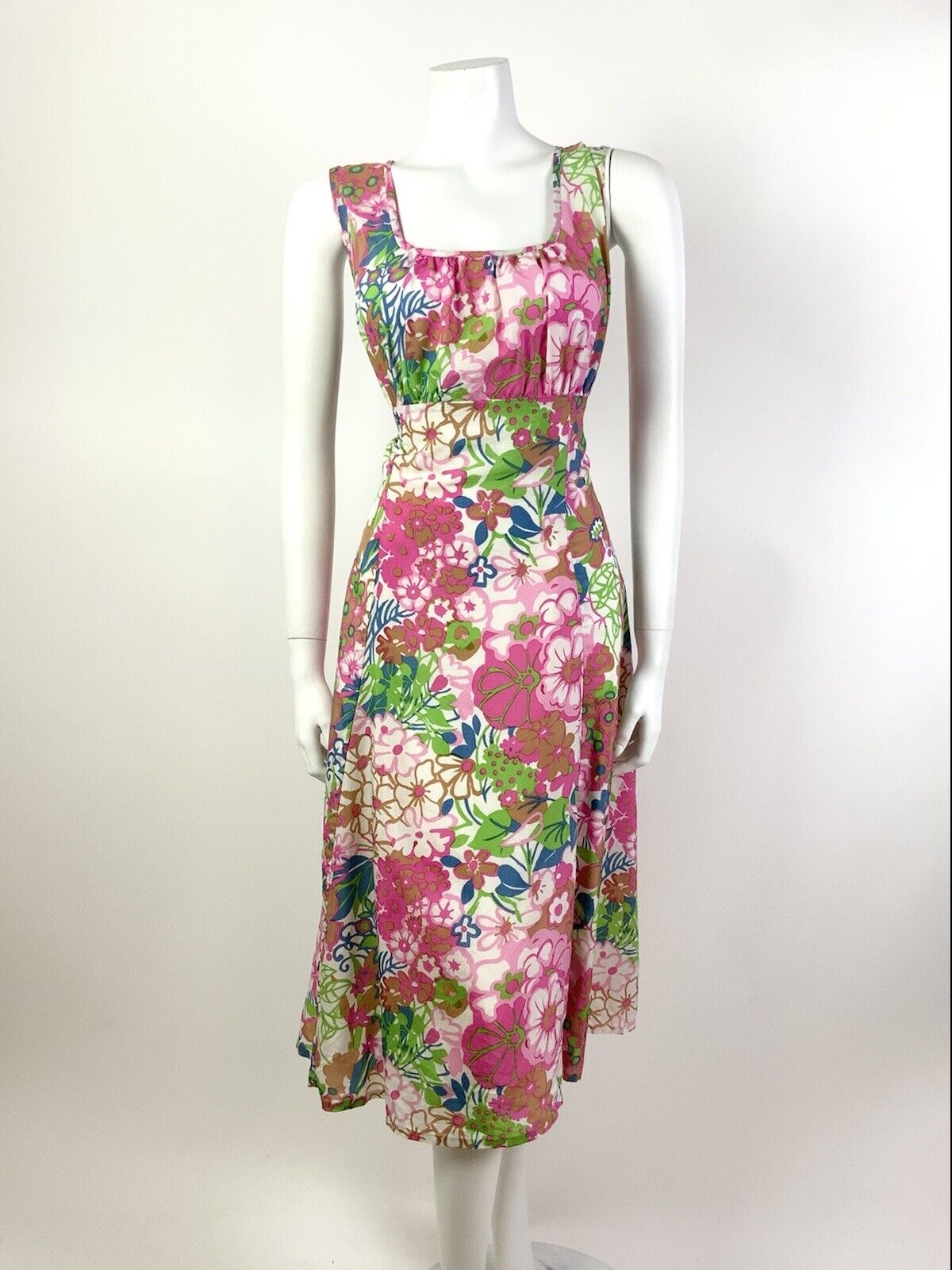VINTAGE 60s 70s PINK WHITE GREEN BLUE PSYCHEDELIC FLORAL MOD EMPIRE DRESS 12 14
