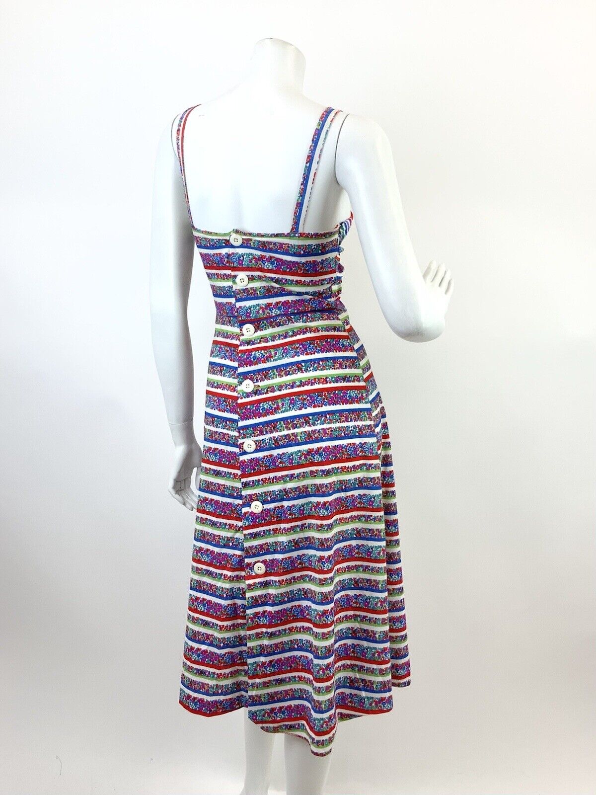 VINTAGE 60s 70s WHITE RED BLUE GREEN DITSY FLORAL STRIPED STRAPPY SUNDRESS 4