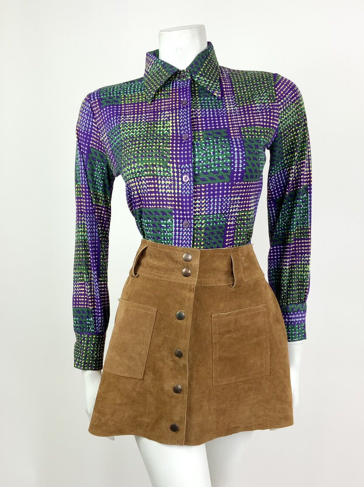 VINTAGE 60s 70s PURPLE GREEN YELLOW WHITE CHECKERED PLAID DAGGER SHIRT 8 10
