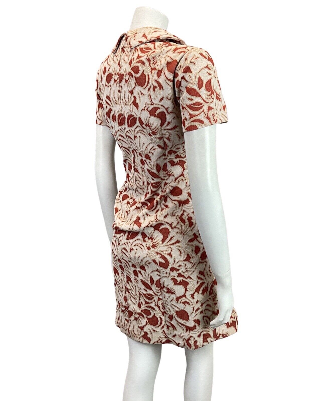 VINTAGE 60s 70s CREAM WHITE RED FLORAL PSYCHEDELIC MOD DAGGER COLLAR DRESS 14