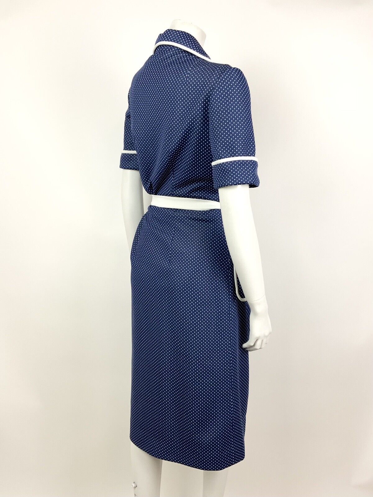 VINTAGE 60s 70s NAVY BLUE WHITE POLKA DOT BELTED WING COLLAR SHIRT DRESS 12 14