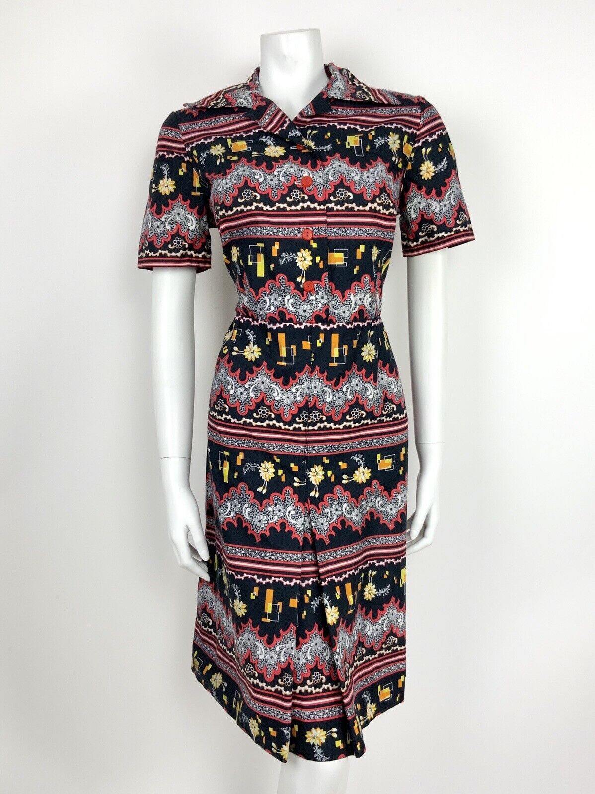 VINTAGE 60s 70s BLACK YELLOW WHITE RED GEOMETRIC FLORAL STRIPE SHIRT DRESS 12 14