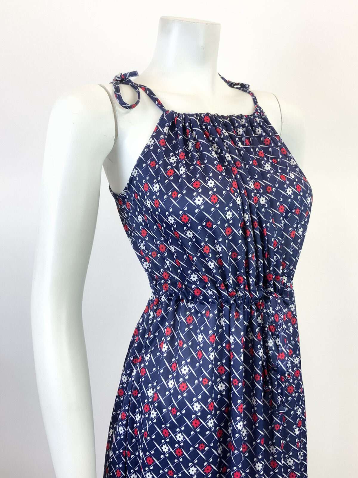 VINTAGE 70s 80s BLUE WHITE RED CHECKED GRID FLORAL STRAPPY MOD SUN DRESS 10 12