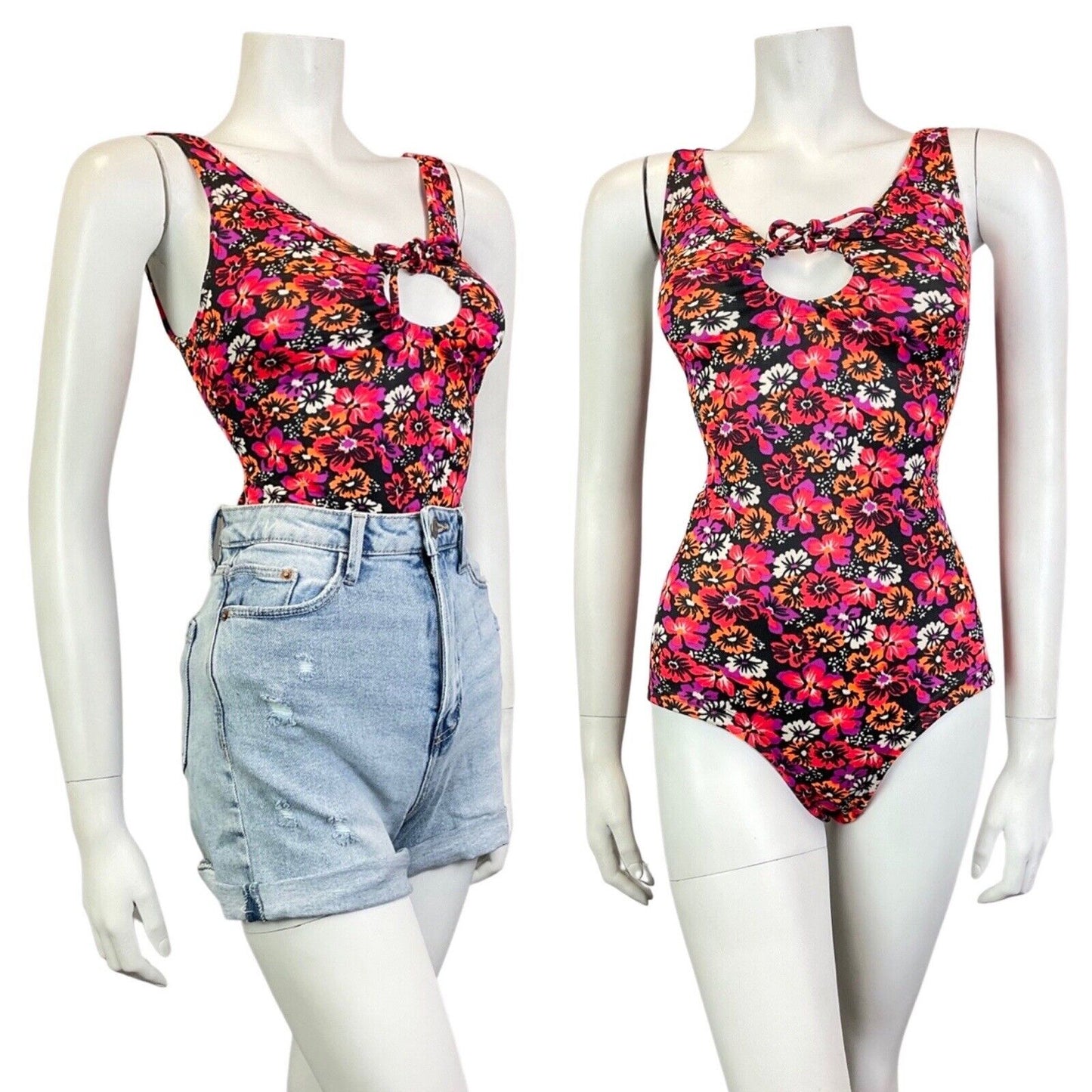 VTG 60s 70s PINK BLACK ORANGE NEON PSYCHEDELIC FLORAL SWIMSUIT BODYSUIT 12 14