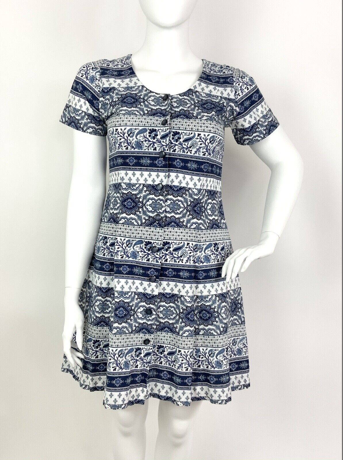 VINTAGE 60s 70s WHITE NAVY BLUE STRIPED FLORAL FOLK MOD SHORT DRESS 16