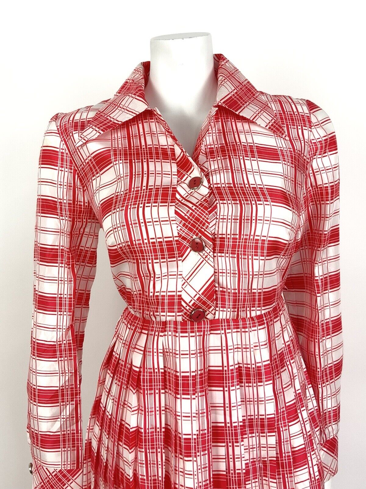 VINTAGE 60s 70s RED WHITE CHECKED PLAID MOD DAGGER COLLAR SHIRT DRESS 12