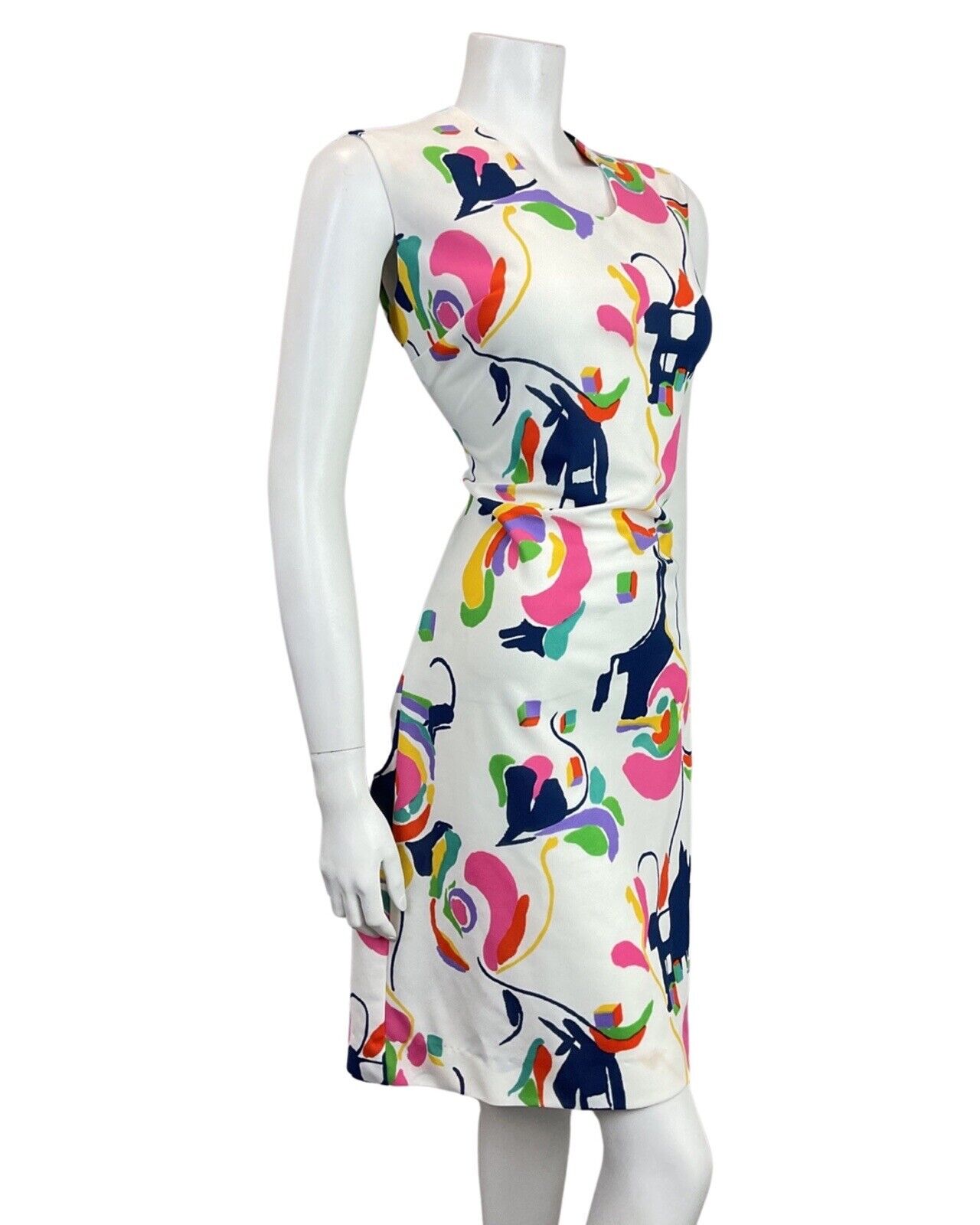 VINTAGE 60s 70s WHITE BLUE PINK GREEN ABSTRACT SLEEVELESS MOD DRESS 14 16