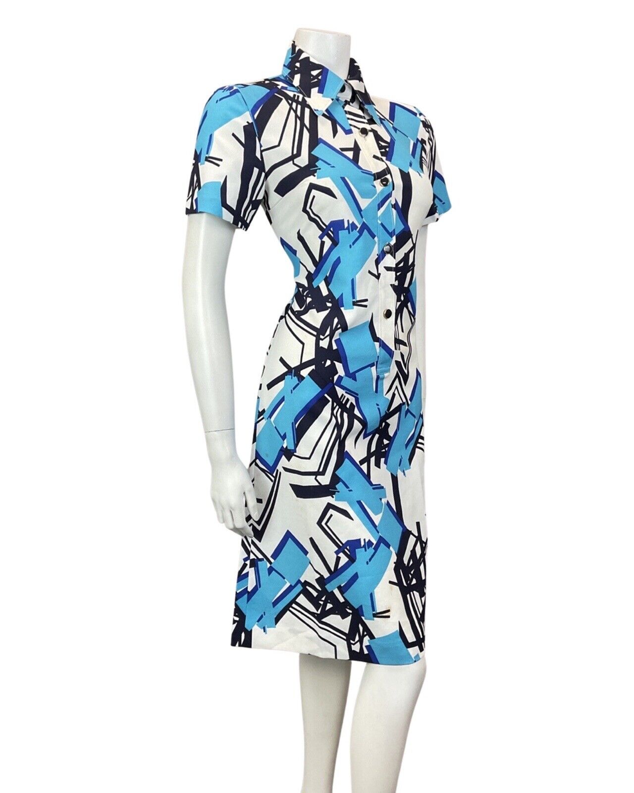 VINTAGE 60s 70s WHITE BLUE NAVY GEOMETRIC MOD DAGGER SHIRT DRES 10 12