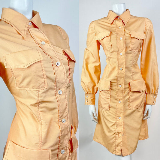 VINTAGE 60s 70s PEACH ORANGE MOD LONGSLEEVE DAGGER COLLAR SHIRT DRESS 10 12