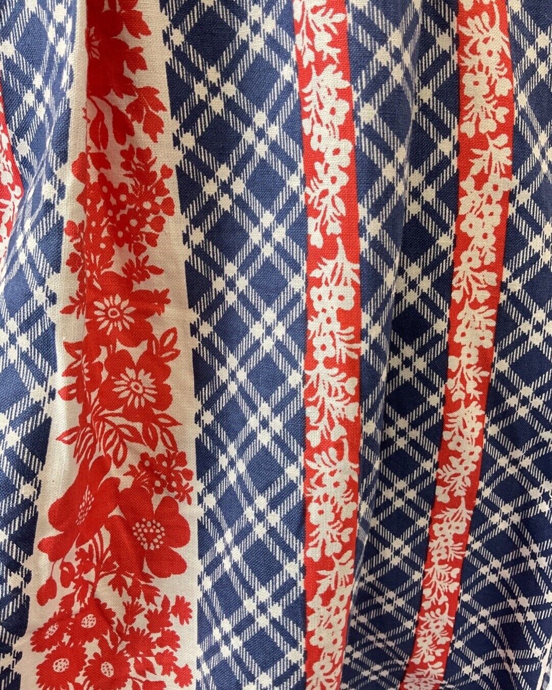 VINTAGE 60s 70s BLUE RED WHITE PLAID FLORAL PRAIRIE FOLK PLEATED FLARED DRESS 10