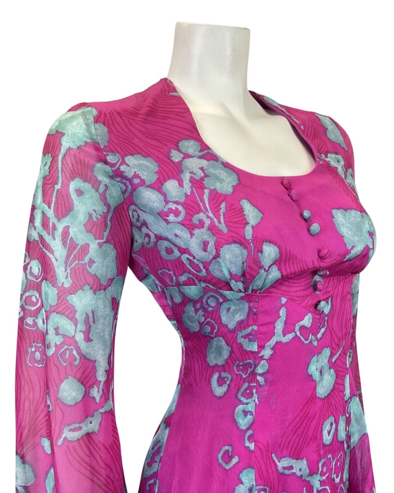 VINTAGE 60s 70s PINK BLUE FLORAL MOD SHEER SWING SHORT DRESS 8 10