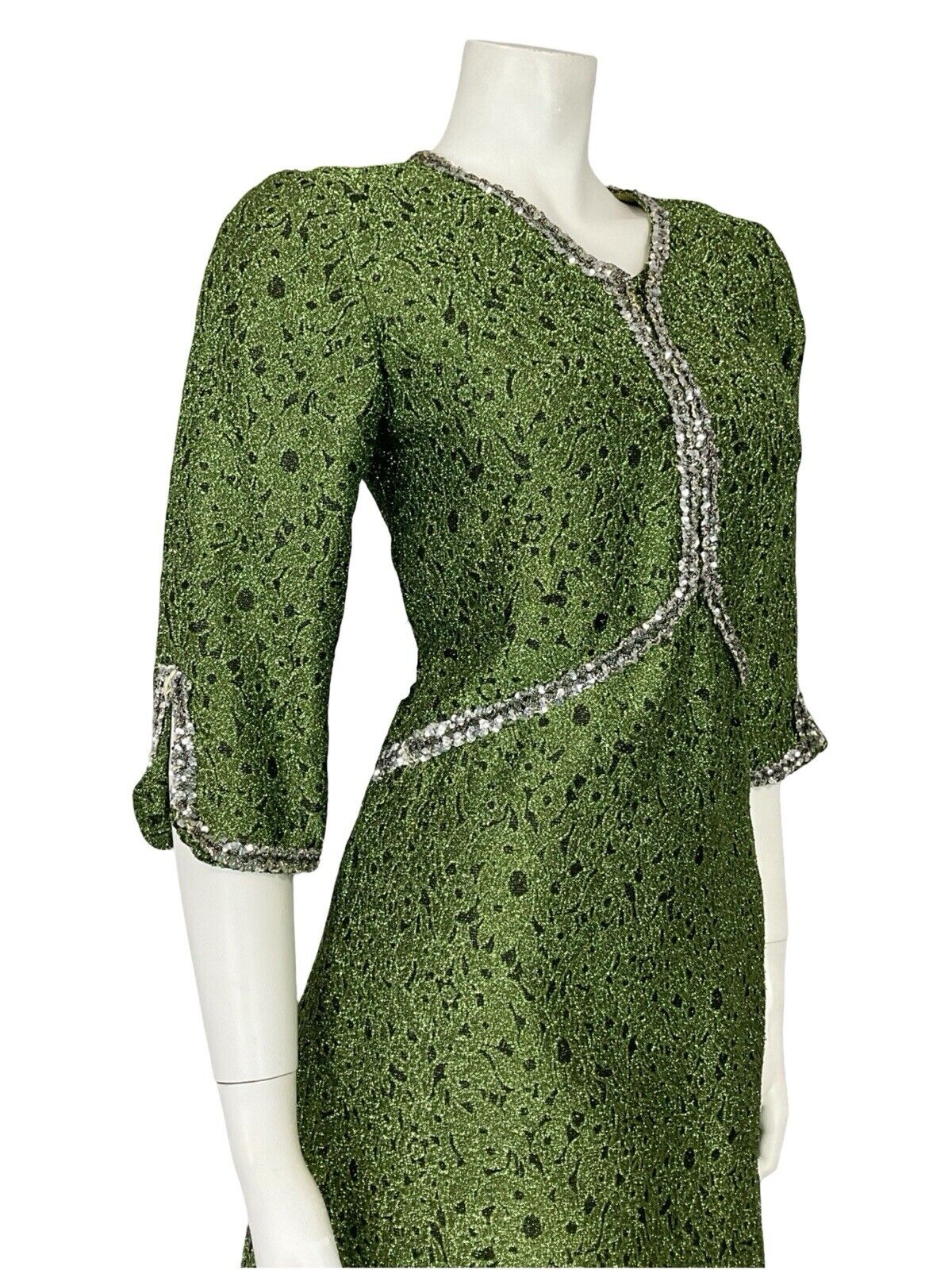 VTG 60S V NECK HALF SLEEVE GREEN SILVER SEQUIN LUREX PARTY MINI DRESS 10