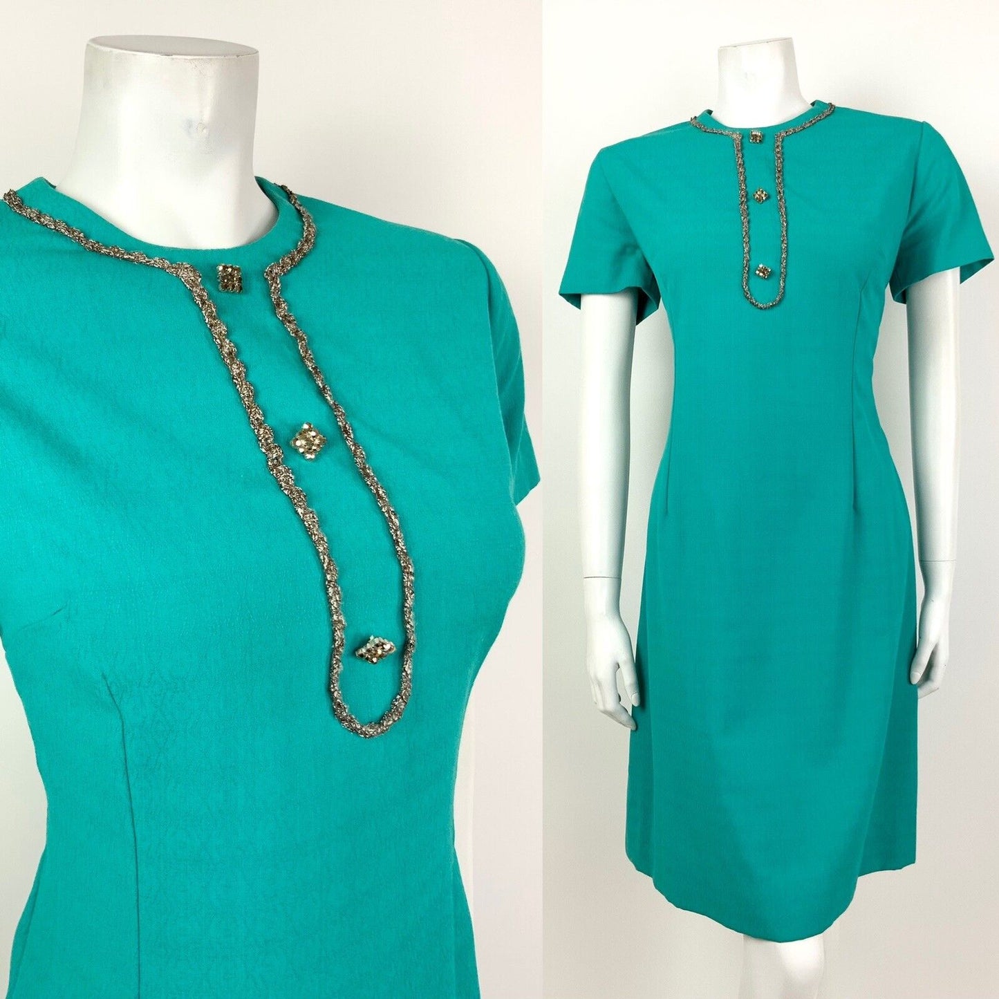 VTG 60s 70s GREEN TEAL BRONZE SILVER DIAMANTE BIRDS-EYE MOD DRESS 14 16