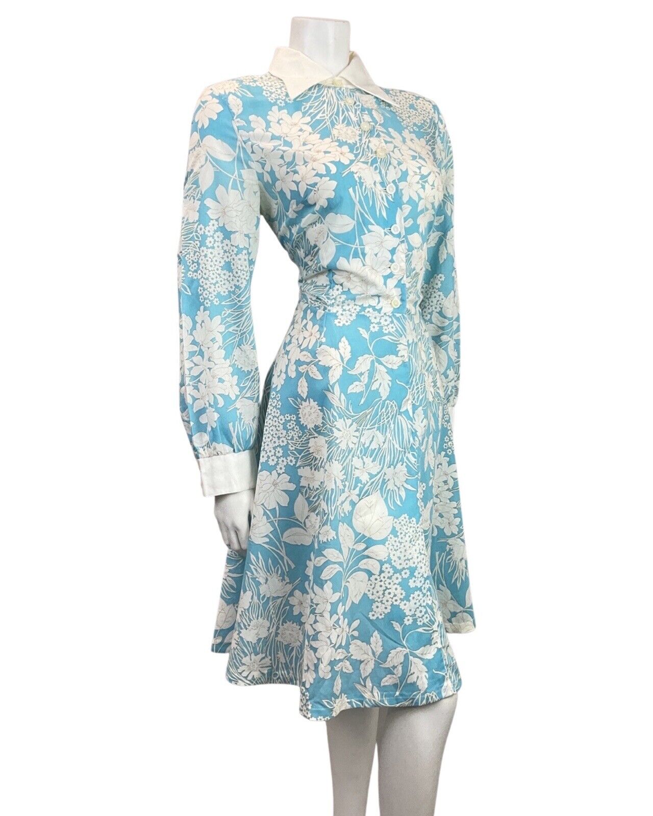 VINTAGE 60s 70s BABY BLUE WHITE FLORAL LEAFY MOD DAGGER SHIRT SWING DRESS 14 16