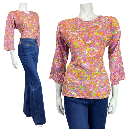 VINTAGE 60s 70s PINK PURPLE GREEN DITSY FLOWER PSYCHEDELIC BLOUSE TOP 14
