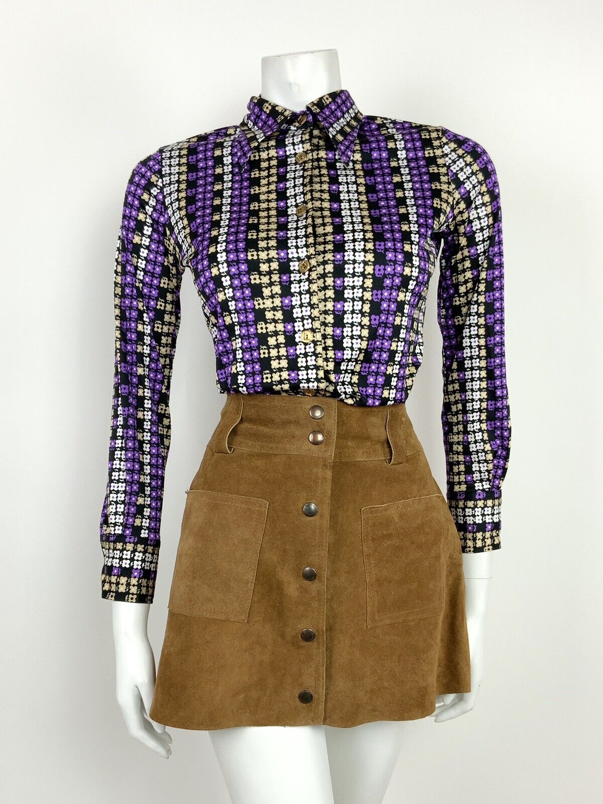 VINTAGE 60s 70s BLACK PURPLE WHITE BEIGE FLORAL PSYCHEDELIC DAISY SHIRT 10 12