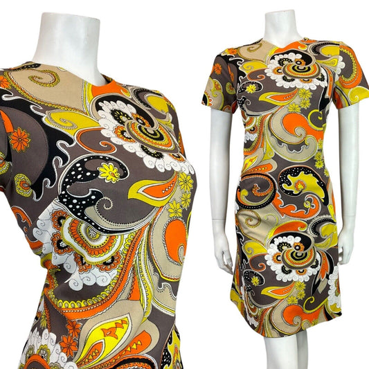 VINTAGE 60s 70s GREY YELLOW BLACK ORANGE PSYCHEDELIC MANDALA FLORAL MOD DRESS 12