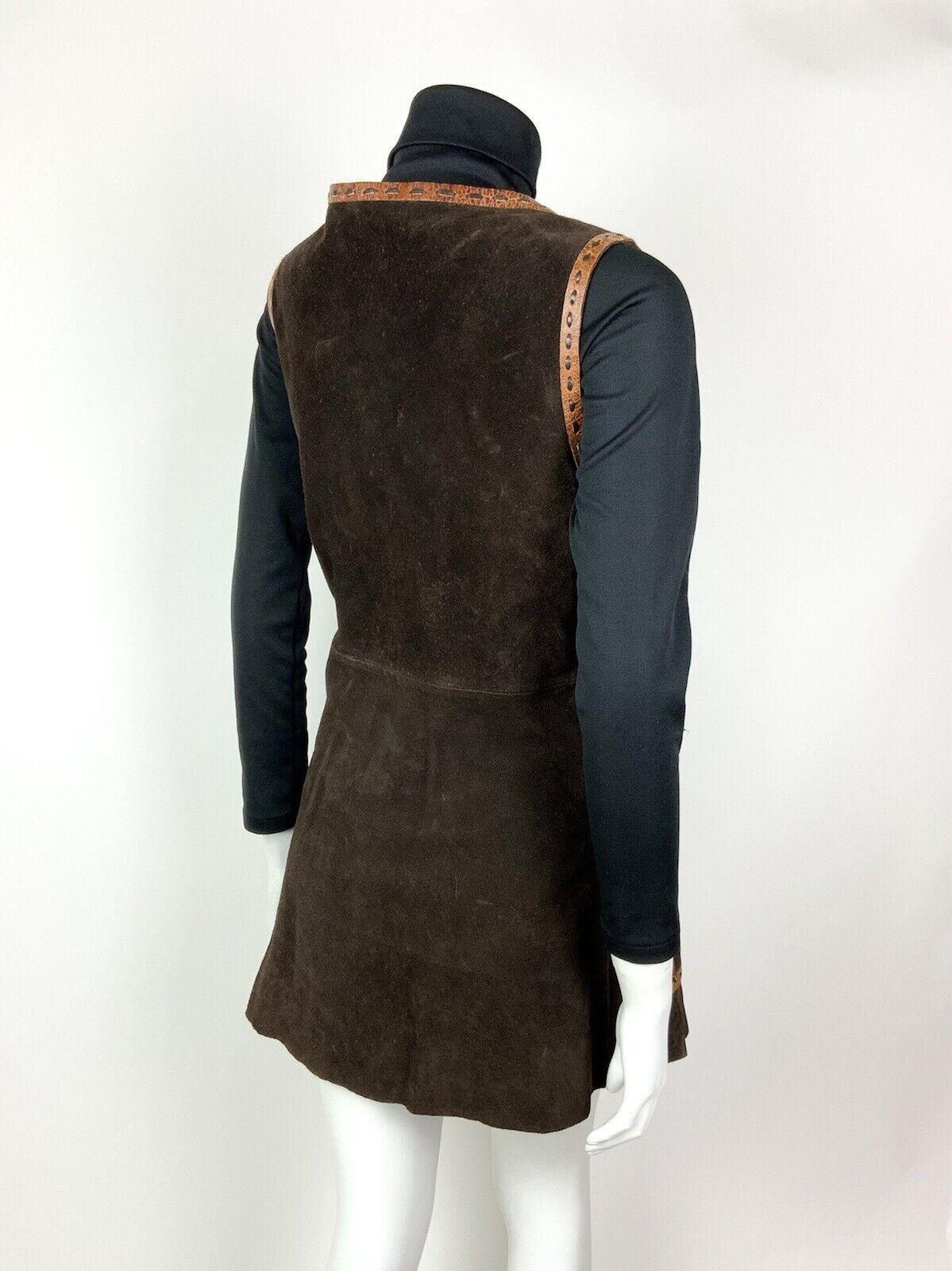 VTG 60s 70s BROWN ORANGE SUEDE LEATHER TASSLED BOHO FOLK WAISTCOAT DRESS 12
