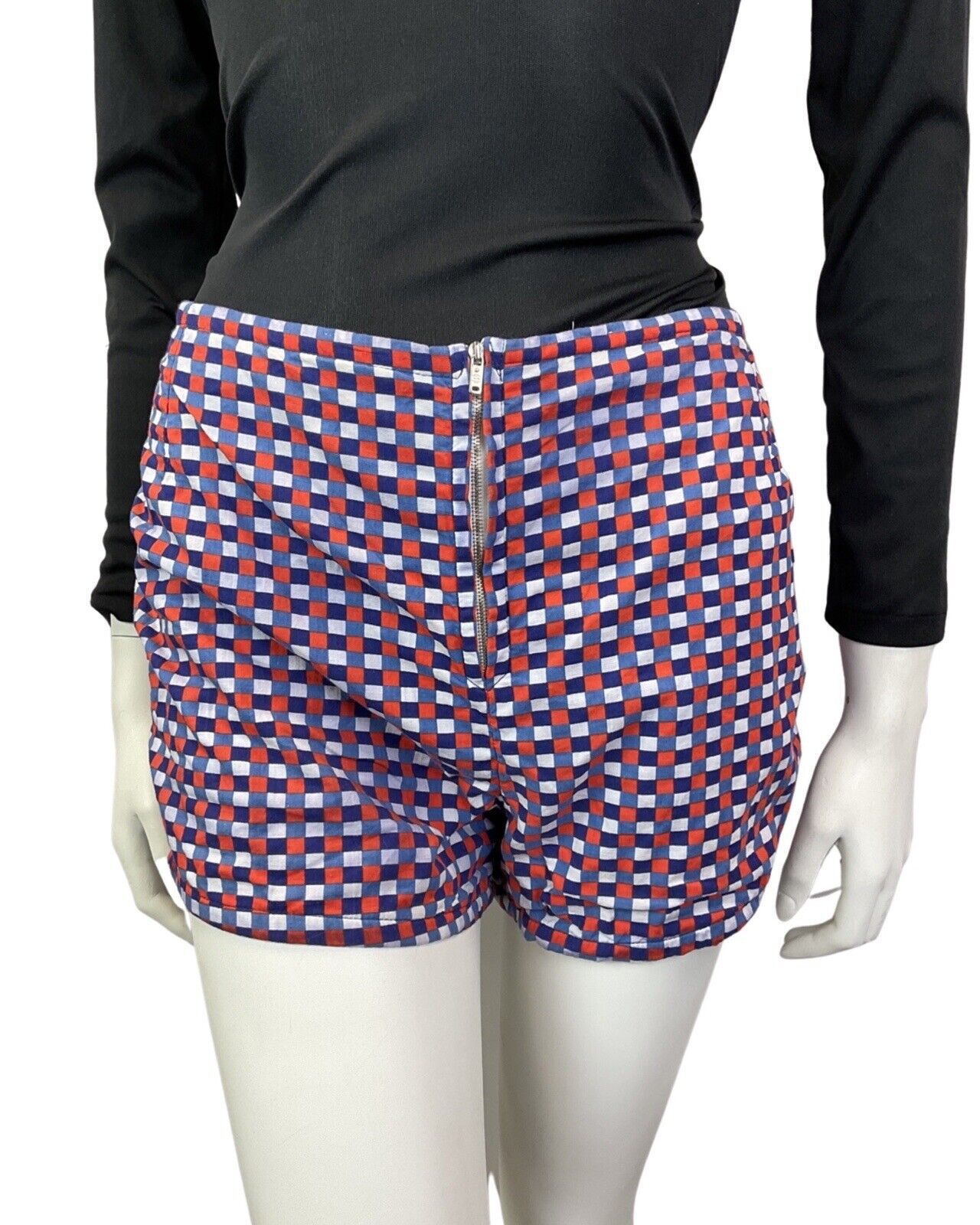 VINTAGE 60s 70s BLUE WHITE RED CHECKED ZIP-UP HIGHWAISTED MOD GOGO SHORTS 10