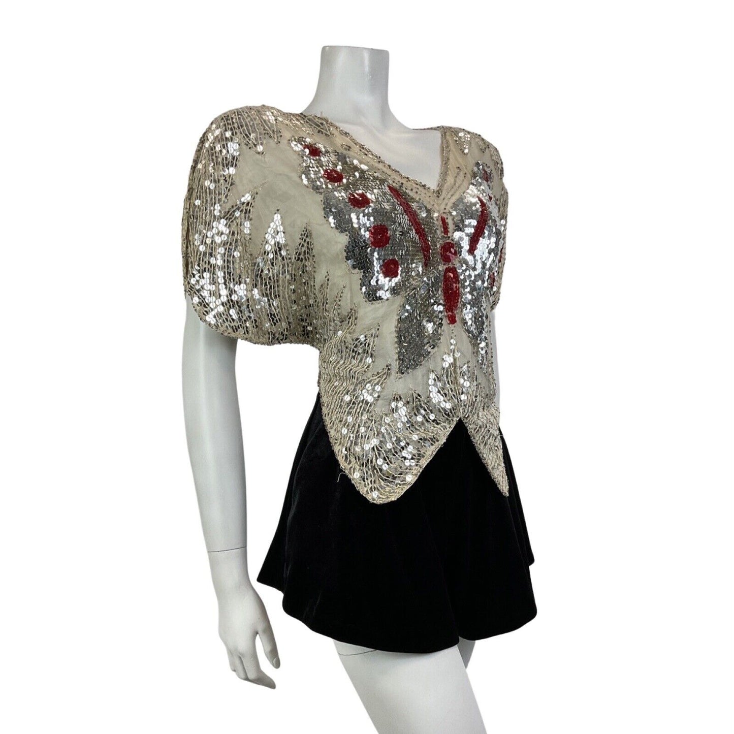 VINTAGE 70s WHITE RED SILVER SEQUIN BEADED BUTTERFLY DISCO GLAM PARTY TOP 12 14