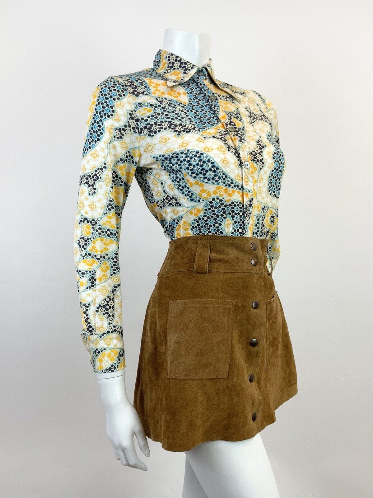 VINTAGE 60s 70s CREAM YELLOW BLUE PSYCHEDELIC FLORAL MOD DAGGER SHIRT 8 10