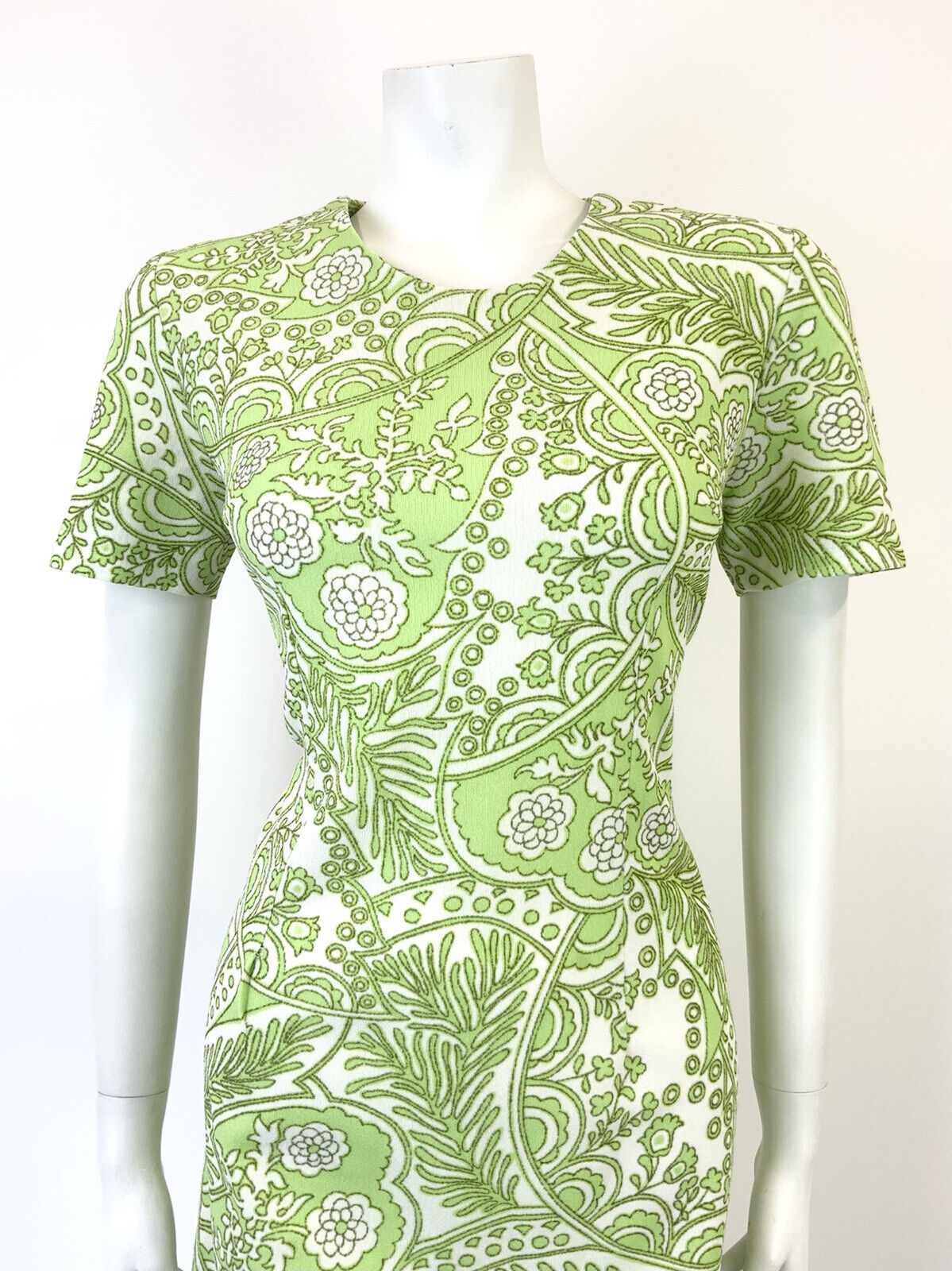 VINTAGE 60s 70s LIME GREEN WHITE PSYCHEDELIC FLORAL LEAFY MOD DRESS 12 14