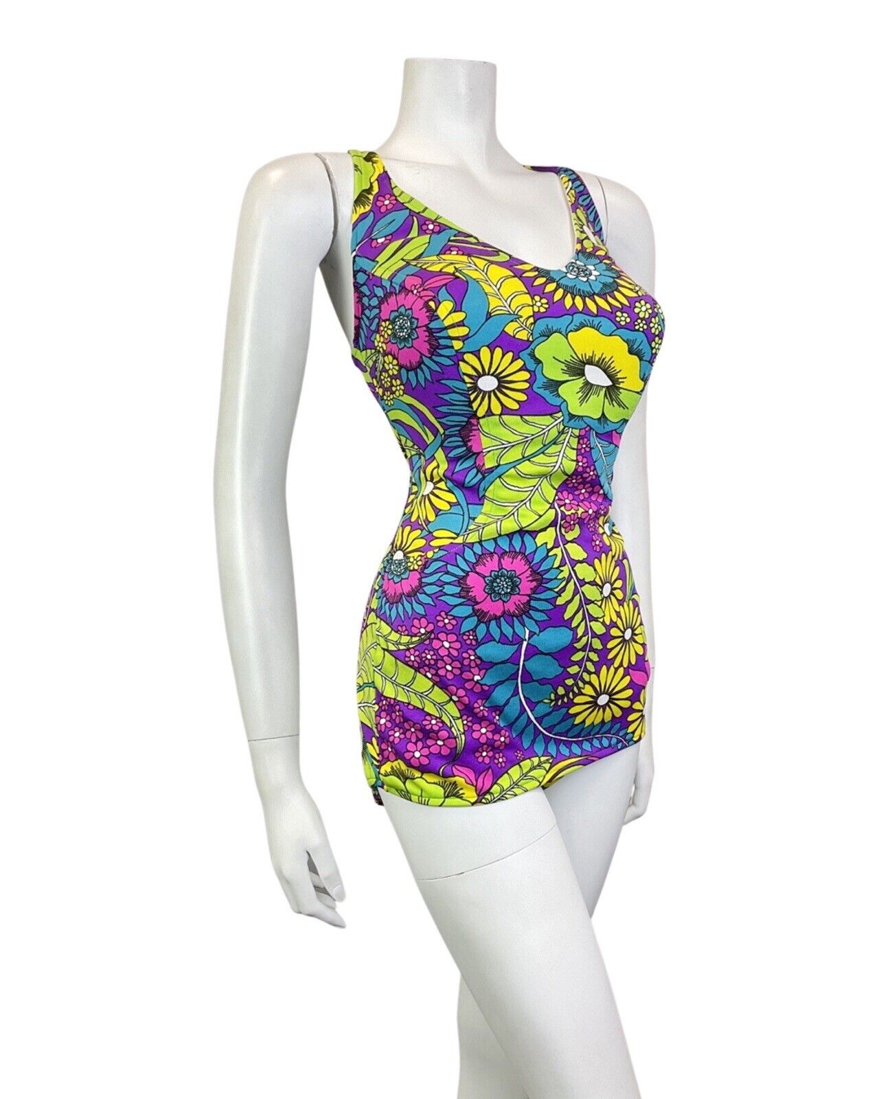 VINTAGE 60s 70s PURPLE YELLOW BLUE PSYCHEDELIC FLORAL SKIRTED SWIMSUIT 16 18