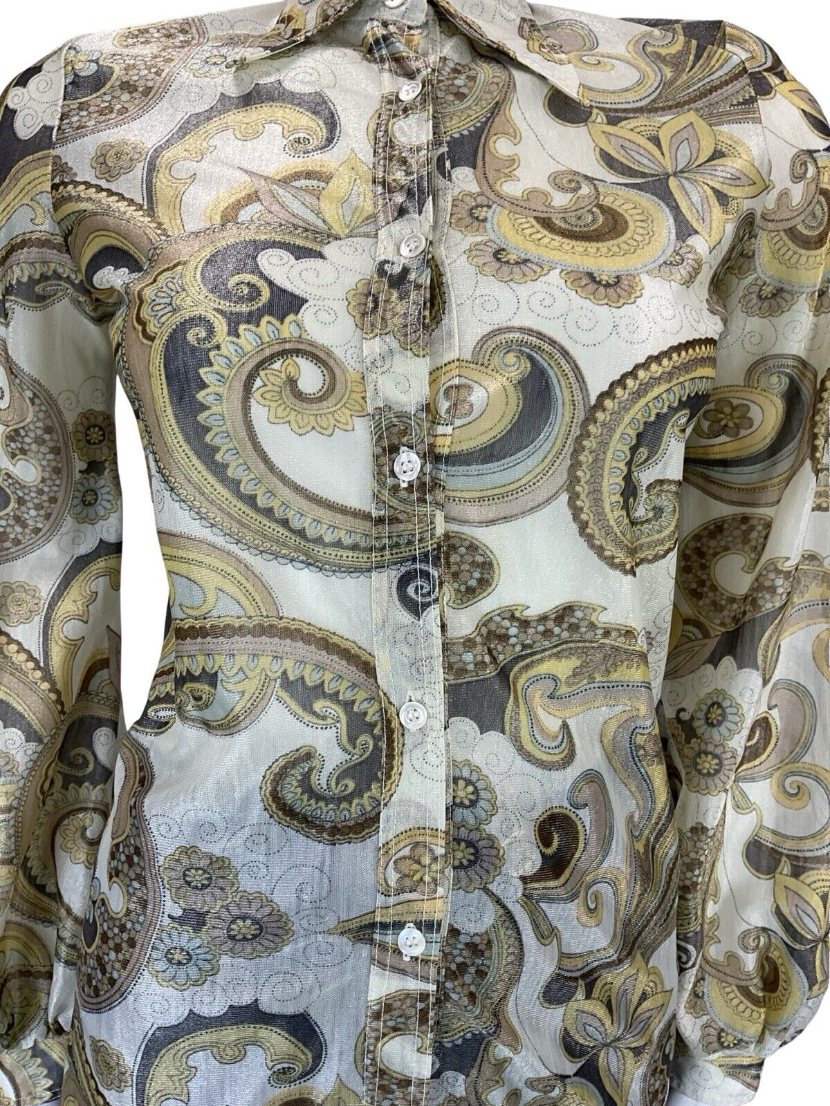 VTG 60S 70S CREAM YELLOW BLACK PSYCHEDELIC SHIMMERY DAGGER COLLAR PARTY SHIRT 6